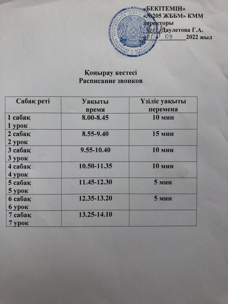 Қоңырау кестесі!        Расписание звонков !