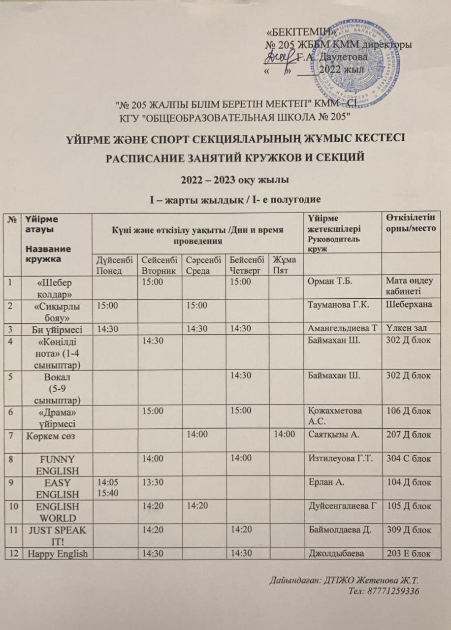 Үйірме және спорт секцияларының жұмыс кестесі                          Расписание занятий кружков и секций