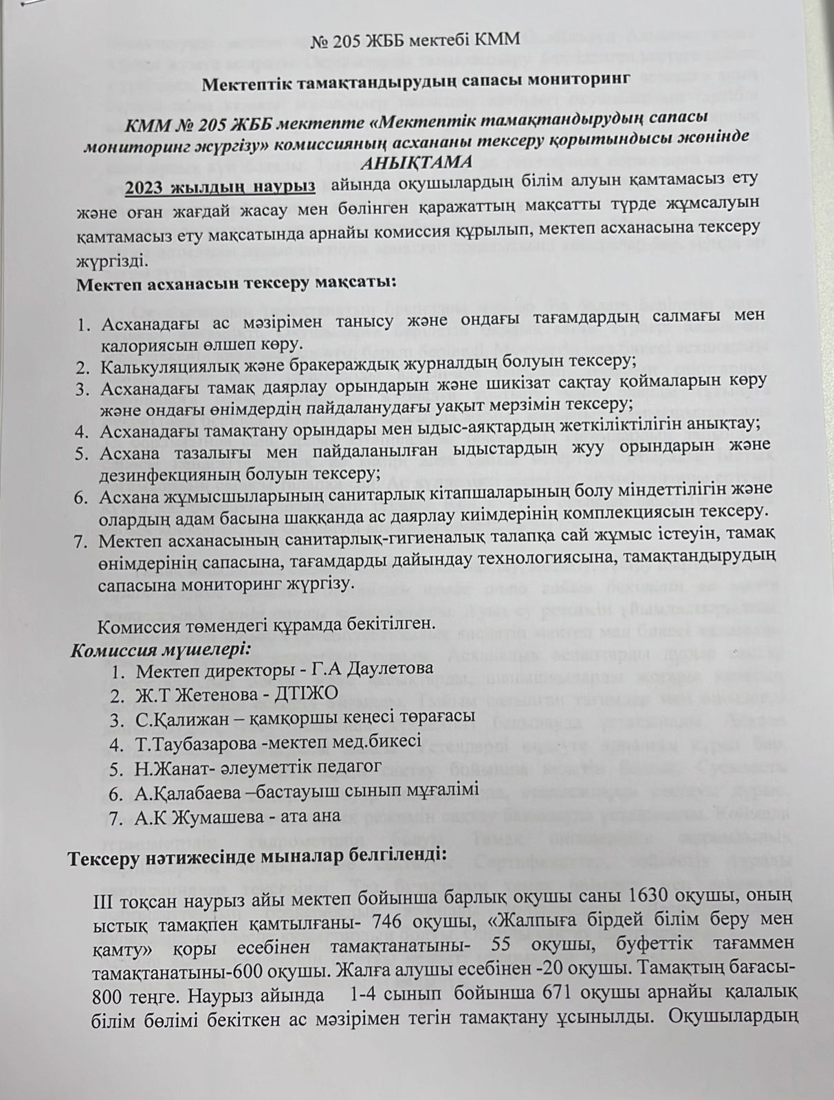Мектептік тамақтандырудың сапасы мониторинг