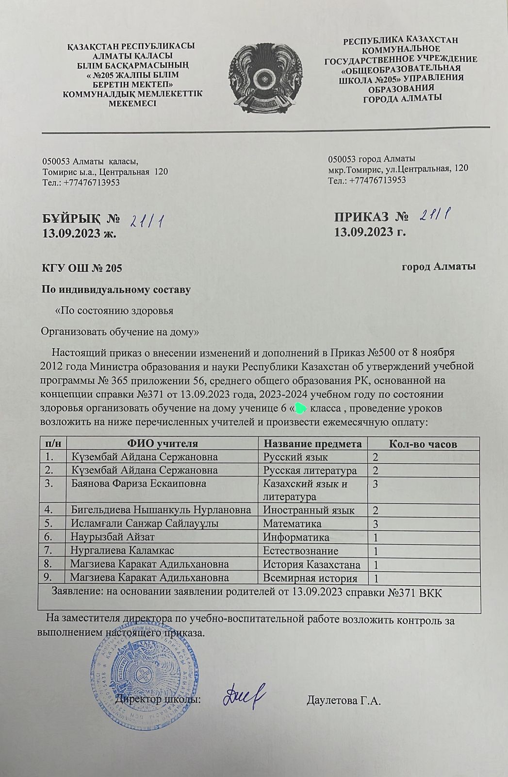№ 205 ЖББМ 2023-2024 оқу жылында, денсаулығына байланысты үйде оқыту