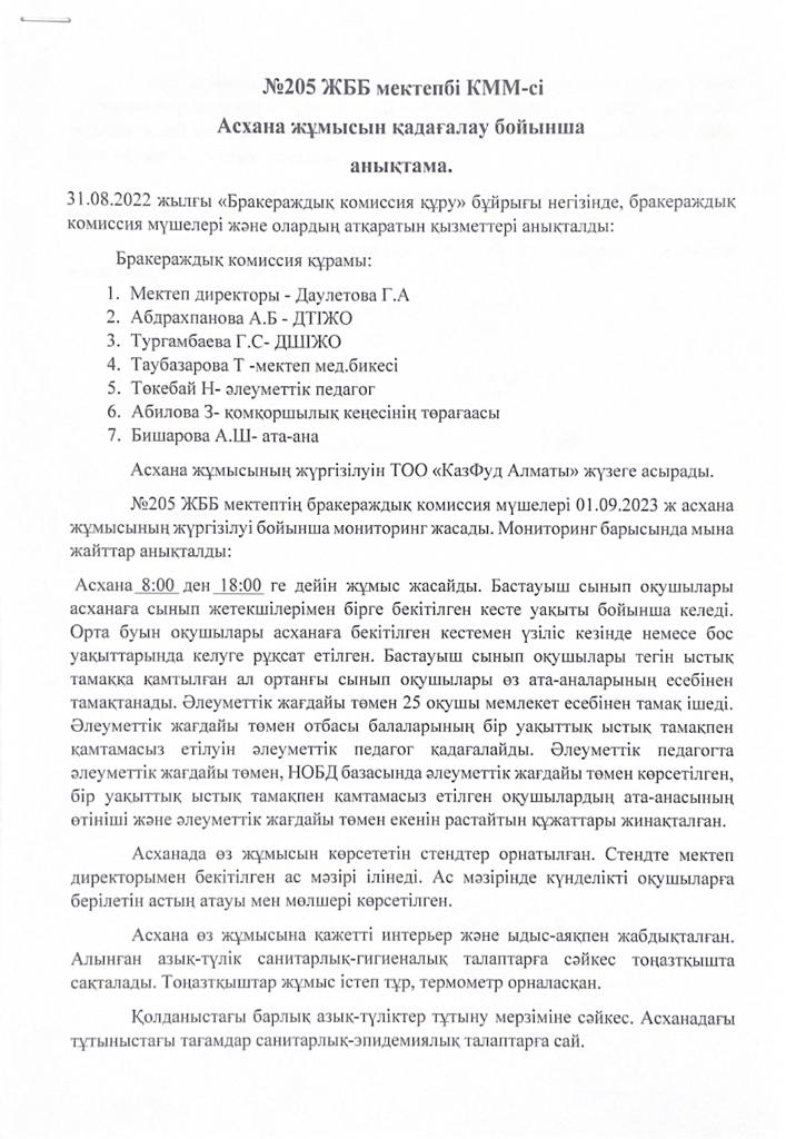 Асхана жұмысын бақылау